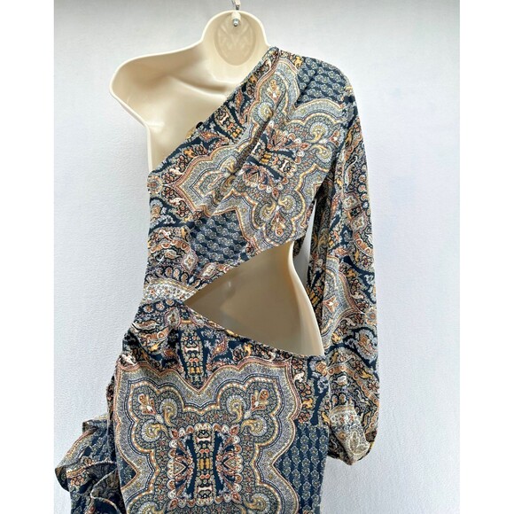 Bronx & Banco Sara Dress Size M Paisley Print One Shoulder Cutout Ruffle Hi Low - Picture 13 of 16